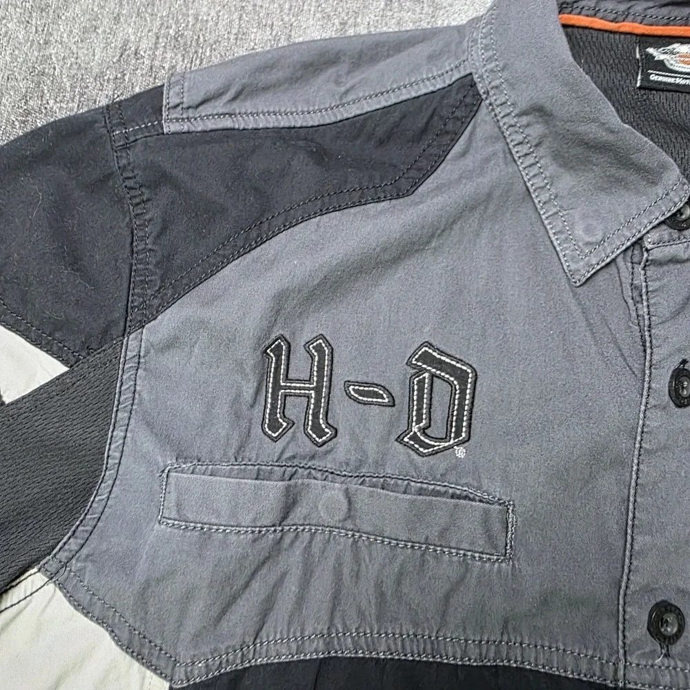 Harley Davidson Embroidered Colorblock Button Down Shirt Mens XL Black Gray Bike